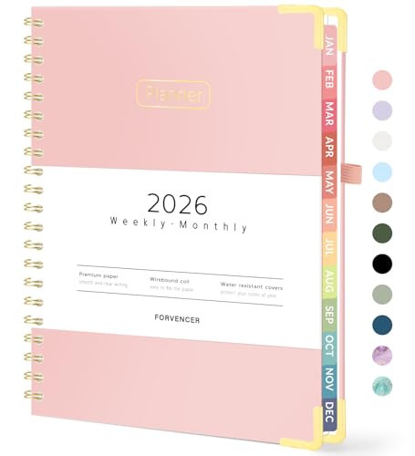 Forvencer Planner Jan 2026-Dec 2026, Spiral Hardcover Daily/Weekly & Monthly Calendar Journal/Agenda Book/Organizer Notebook with Inner Pocket & Tabs for Office/Home/School, Pink, A4, 8.5" x 11" | Amazon (US)
