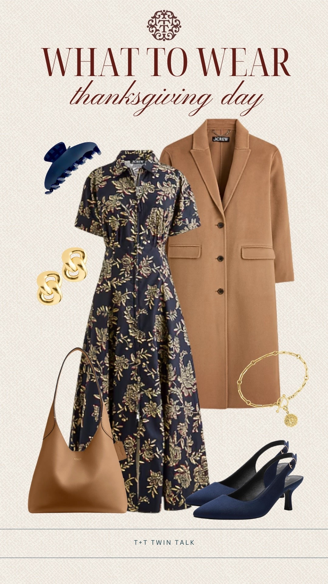 T+T, what to wear to Thanksgiving! We are loving this patterned dress from J.Crew paired with navy heels. To accessorize we add a Ross Simon’s bracelet, coach purse, and J.Crew earrings to complete the look. 

#LTKStyleTip #LTKShoeCrush #LTKItBag