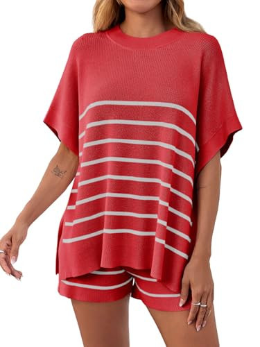 Fisoew Women's Striped 2 Piece Outfits Oversized Batwing Short Sleeve Tops High Waisted Shorts Summer Knit Lounge Short Sets Red | Amazon (US)