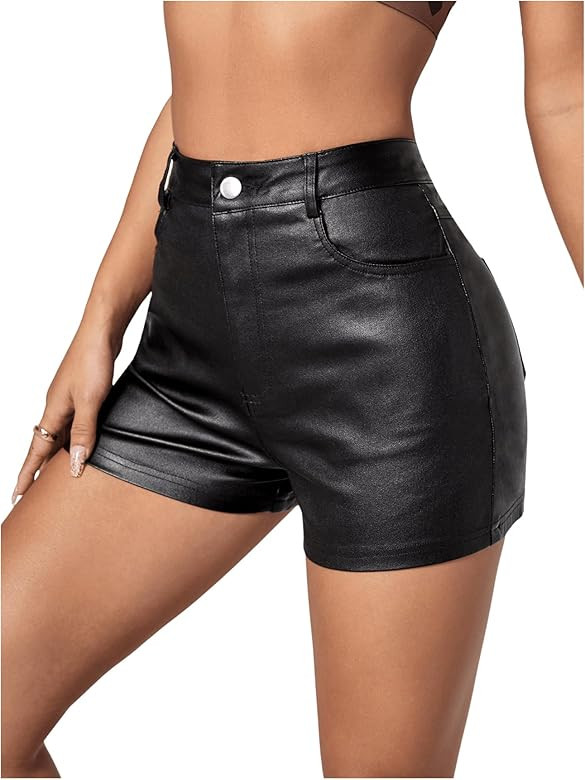 MakeMeChic Women's High Waisted Leather Look Stretchy Skinny Denim Shorts | Amazon (US)