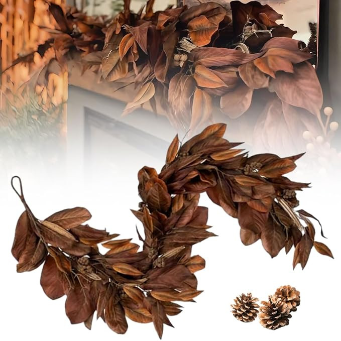 Brown Magnolia Leaf Garland, 6ft Realistic Magnolia Leaf Garland, Artificial Fall Magnolia Leaves... | Amazon (US)