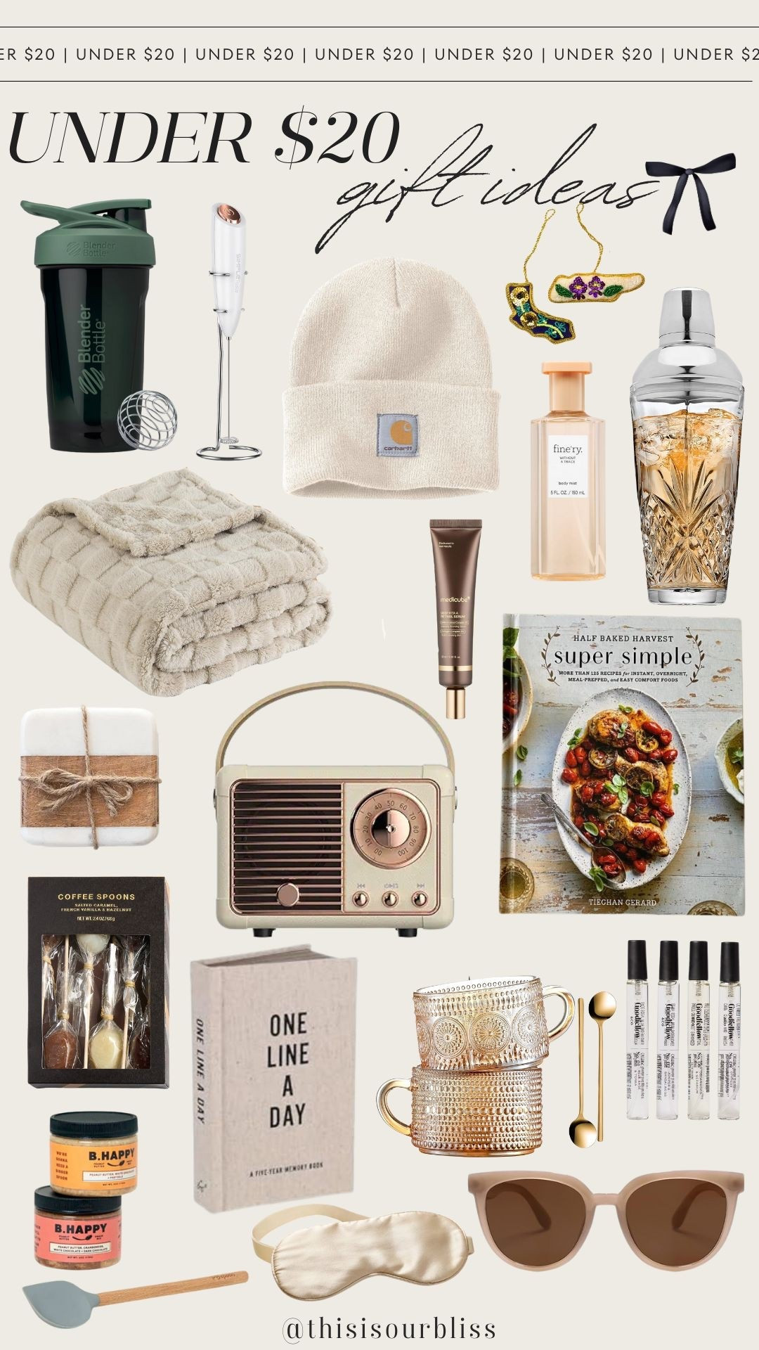 Budget-friendly but still so good 👀
All of these gift ideas are under $20—think cocktail shakers, coasters, cookbooks, skincare, cozy throws, a retro Bluetooth speaker, Carhartt hats + lots more. Perfect for stocking stuffers or last-minute gifting 🎄

#LTKSaleAlert #LTKHoliday #LTKGiftGuide