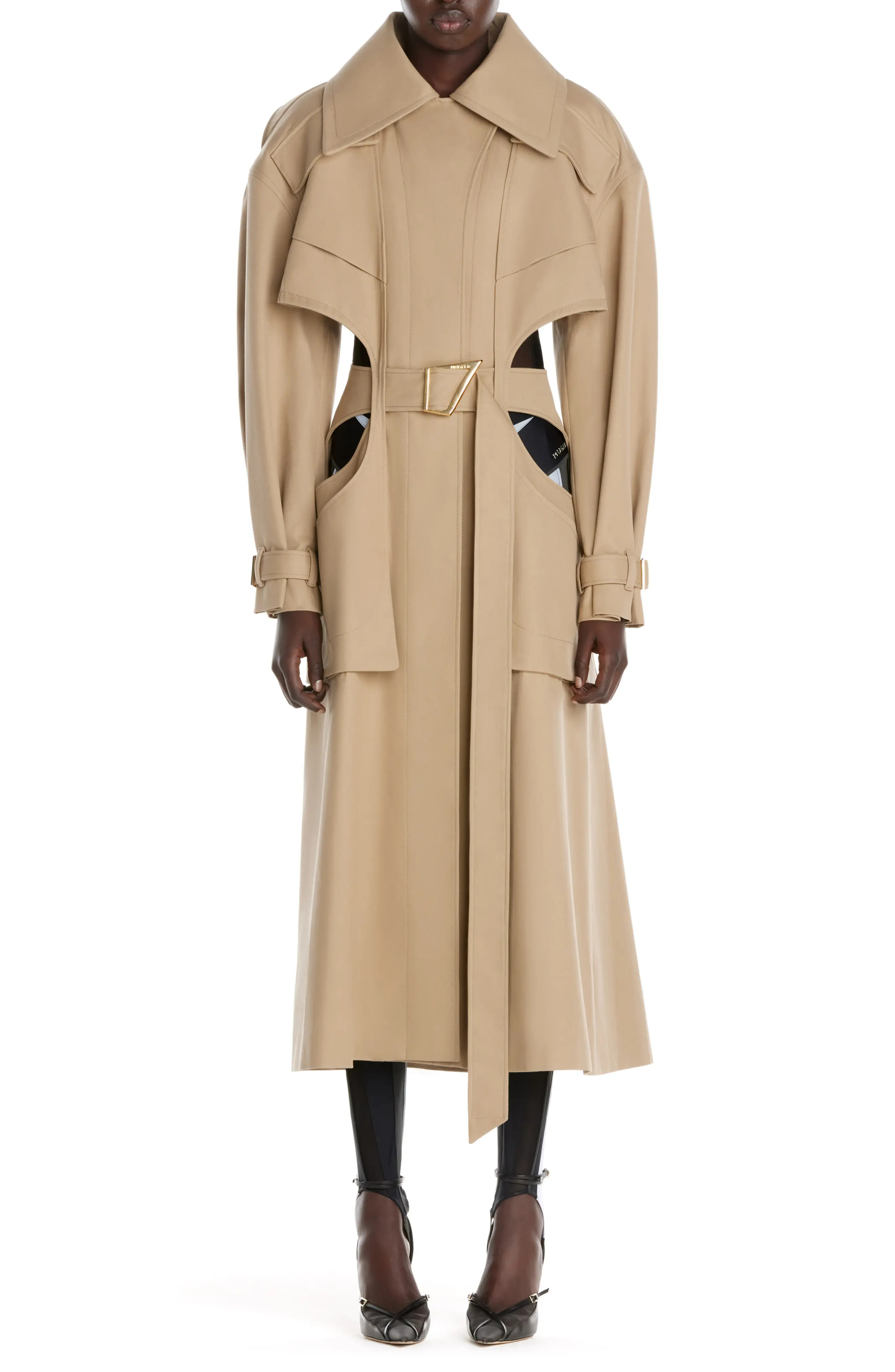 MUGLER Cutout Gabardine Trench Coat in Beige at Nordstrom, Size 4 Us | Nordstrom