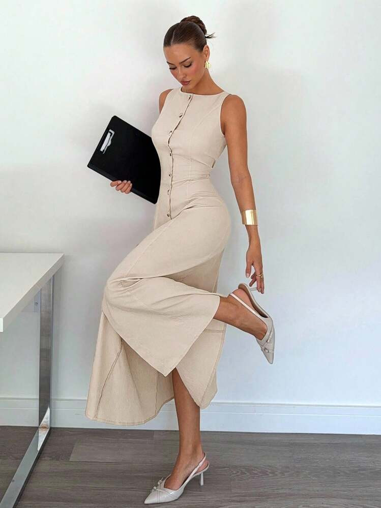 Siren Gaze Women's Casual & Commuting Solid Color Single-Breasted Sleeveless Waist Cinched Slash Neck Button Down Waistcoat Maxi Dress In Oatmeal Long Dress, Fall Women Dresses,Winter Women Dress Inside Out,Fall Women Bow Tie Clothes Woman Fall Dresses,Suitable For Lounging, Formal And Elegant Occasions, Suitable,Elegant And Generous,White Graduation Dress,Suitable For Daily Wear, Going Out, Holidays, Vacations,Teacher Outfits , Old Money,Business Casual Woman Office Outfits For Women,Fall Clothes,Business Casual Woman Office Outfits For Women ,Brunch Outfits For Women ,Office Wear ,Halloween Costumes,Fall Women Clothes,Homecoming Dress | SHEIN