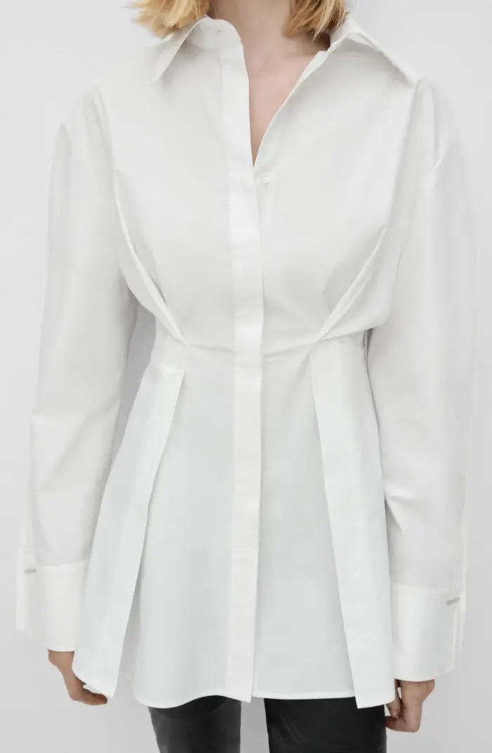 MANGO Pleated Cotton Button-Up Shirt | Nordstrom | Nordstrom