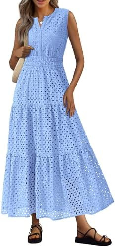 PRETTYGARDEN Womens 2026 Summer Maxi Dresses Sleeveless Sundresses V Neck Eyelet A Line Long Flow... | Amazon (US)