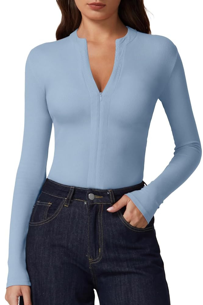 QINSEN Long Sleeve Shirts for Women V Neck Half Zipper Ribbed Knit Going Out Tops Full Length Bas... | Amazon (US)