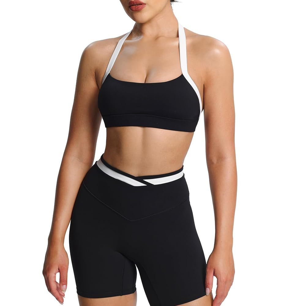 Aoxjox Women's Color Block Halter Workout Sports Bras Fitness Athletic Vanessa Bra Yoga Crop Tank | Amazon (US)
