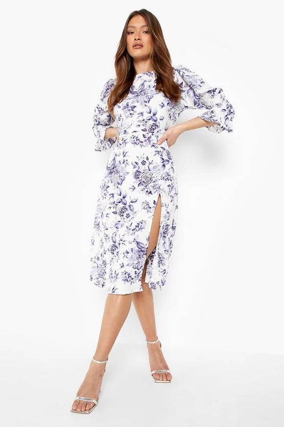 Floral Puff Seeve Midi Dress | Boohoo.com (US & CA)