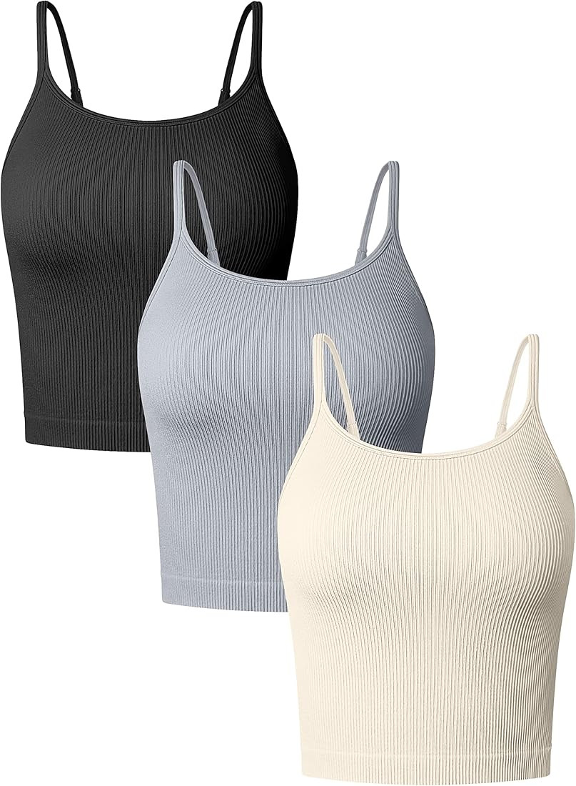 OQQ Women's 3 Piece Tank Tops Ribbed Adjustable Spaghetti Strips Workout Shirts Yoga Crop Tops | Amazon (US)