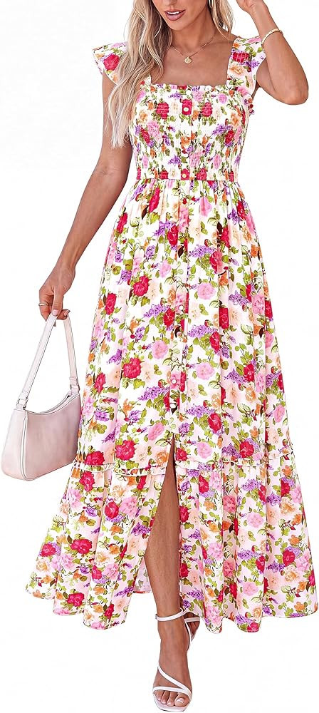 dowerme Womens Summer Maxi Dresses 2026 Casual Ruffle Sleeve Button Smocked Floral Slit Boho Dres... | Amazon (US)