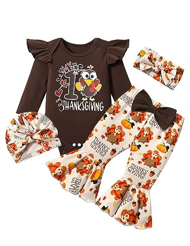 CRISONE Baby Girl Thanksgiving Outfit 0-3 Months Turkey Outfit 1st Long Sleeve Ruffle Romper + Turkey Pants 4pcs Cute Clothes Set | Amazon (US)
