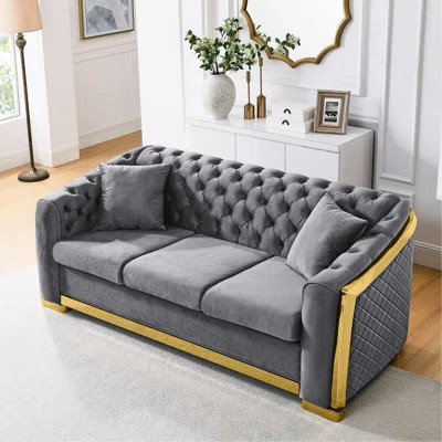 Grey Velvet 3 , 84 Inches Couch For Living Room 3 Seat | Wayfair North America