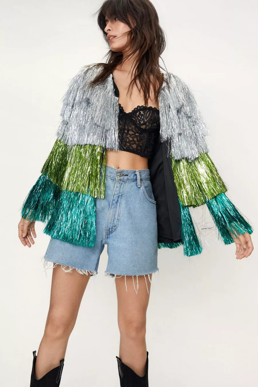 Metallic Open Front Tiered Tinsel Fringe Jacket | Nasty Gal (US)