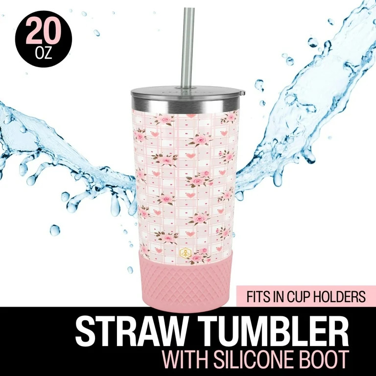 Biddlebee 20oz Insulated Stainless Steel Tumbler with Straw and Silicone Boot, Pink Roses | Walmart (US)