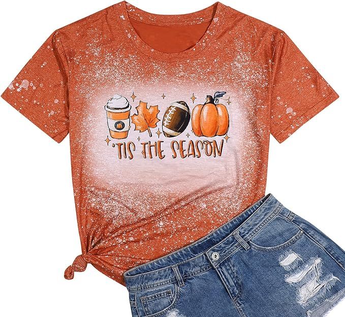 Pumpkins Tshirt Women Funny Thankful Tees Thanksgiving Gift Shirts Leaves Casual Graphic Short Sl... | Amazon (US)