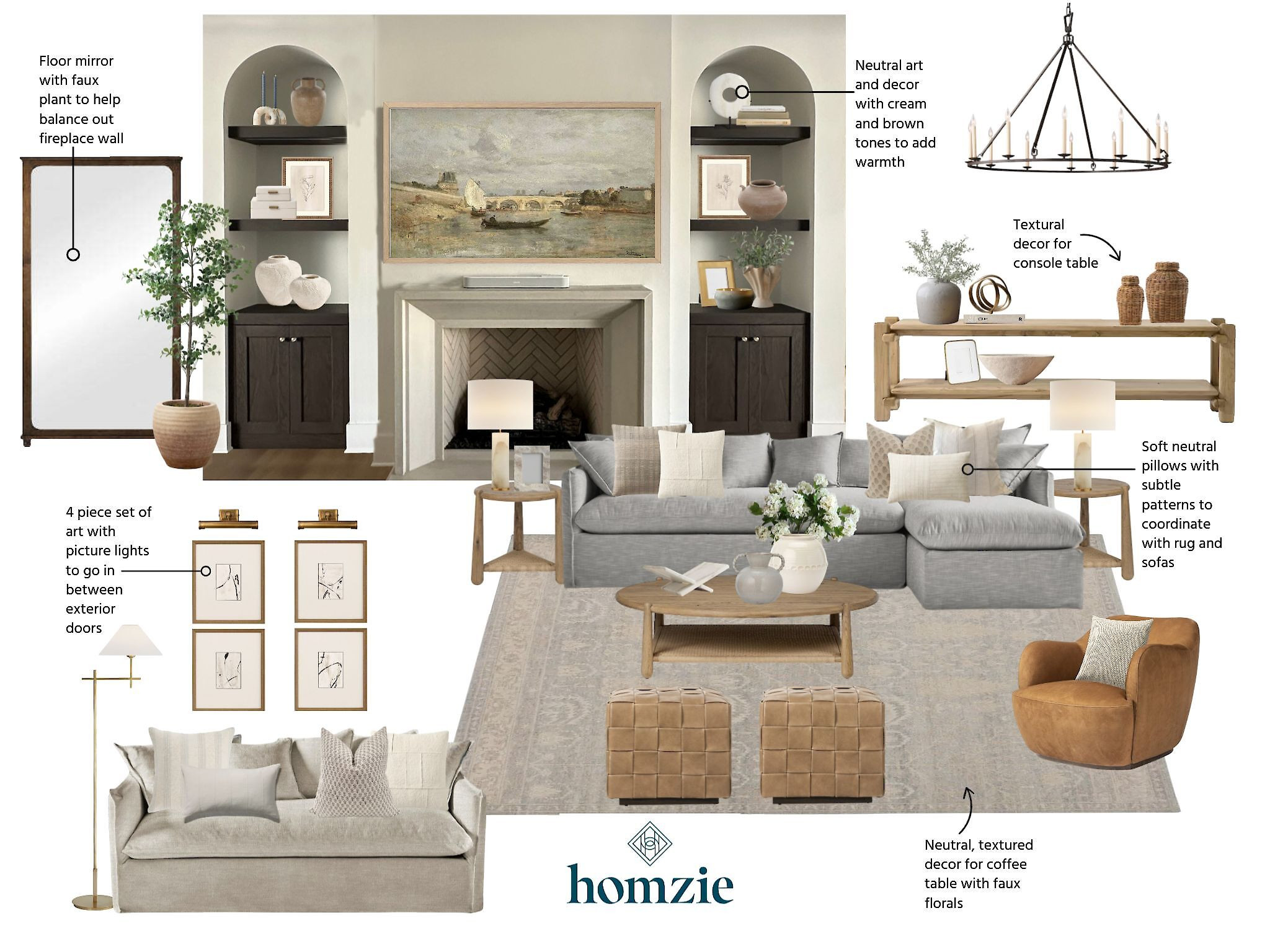 This is a soft, transitional living room with neutral tones and cozy elegance. It features: sectional Sofa, Floor Mirror, Leather Accent Chair, Wood Console, Neutral Art, Woven Ottomans. 

 #LTKHome #LTKSaleAlert #LTKStyleTip