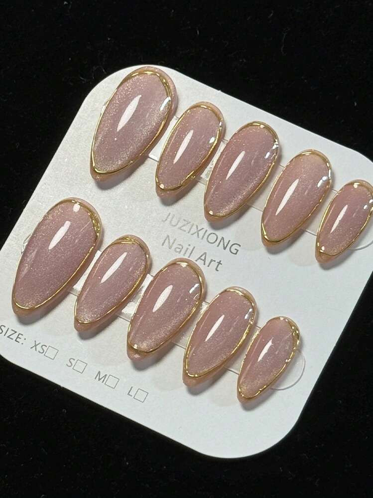 10Pcs Handmade Almond-Shaped Fake Nails With Pink Cat Eye & Shiny Gold Mirrored Powder, Fashionable And Upscale Press On Nails Nail Supplies Nails | SHEIN