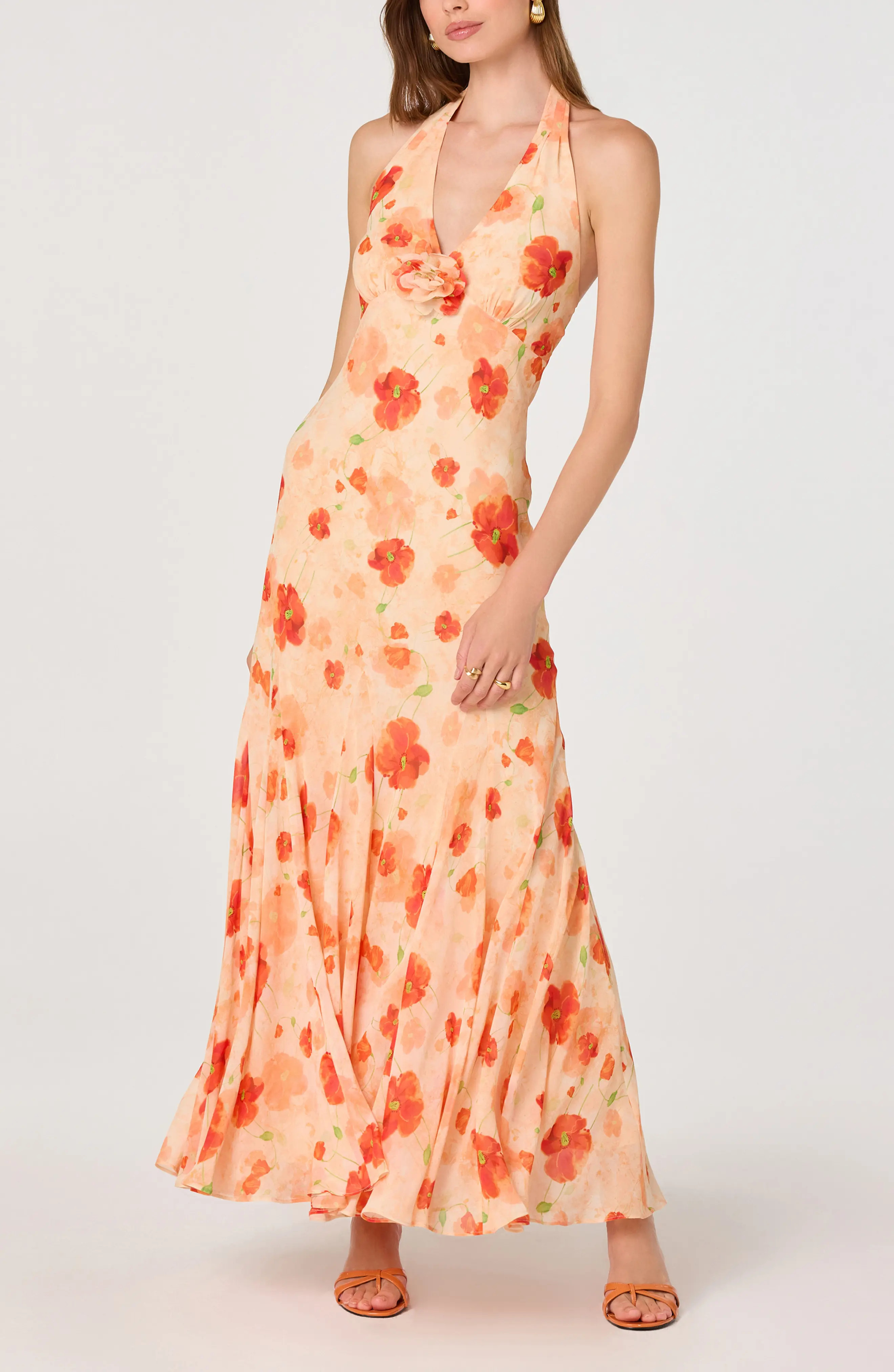 ASTR the Label Yasmen Floral Plunge Halter Neck Maxi Dress (Women) | Nordstrom | Nordstrom