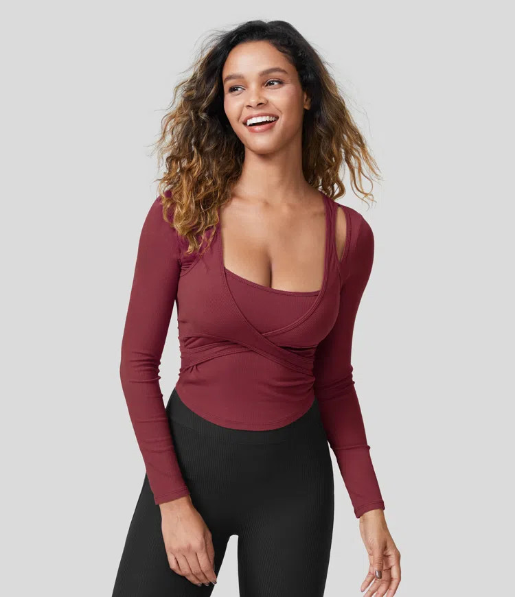 Ribbed Knit Square Neck Cut Out Long Sleeve Curved Hem Cropped Casual Sports Top | HALARA