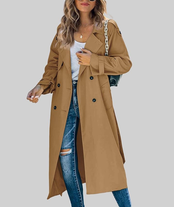 Makkrom Women's Double Breasted Long Trench Coat Windproof Classic Lapel Slim Overcoat with Belt | Amazon (US)
