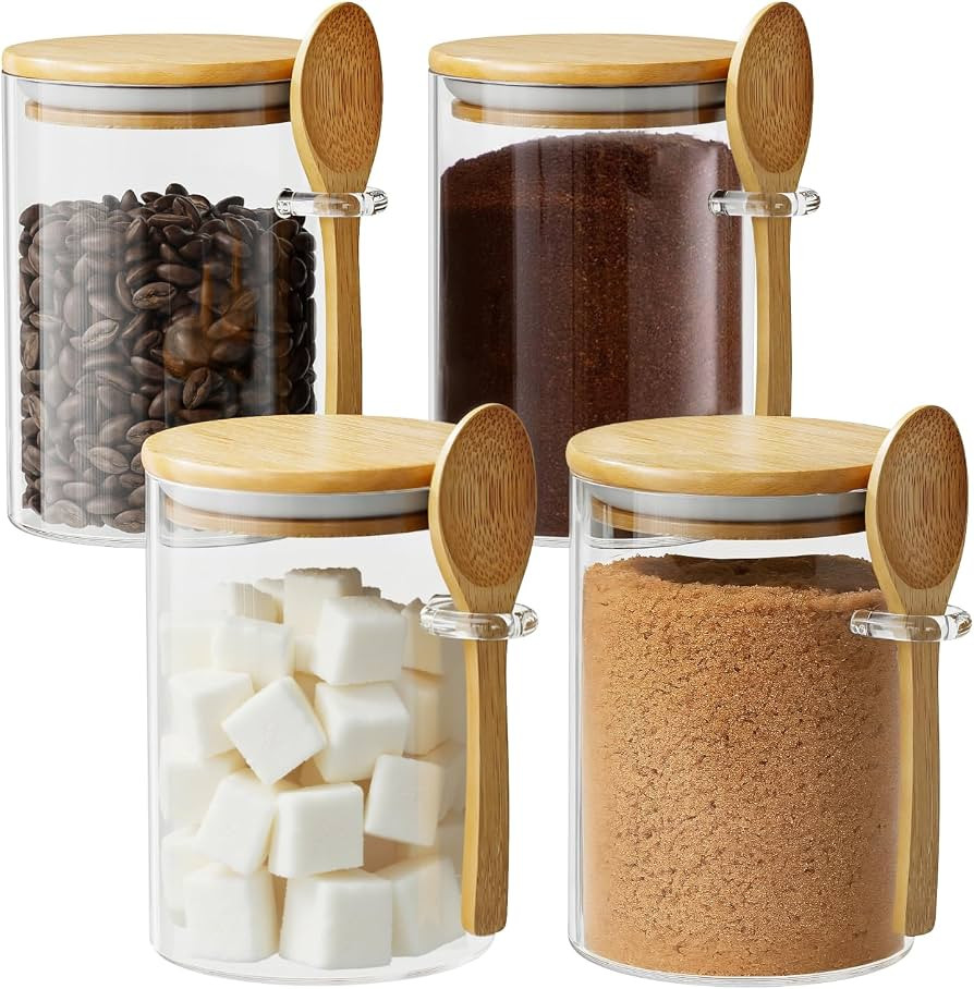 Glass Sugar Container with Spoon - 4 Pack 15oz Glass Jars with Bamboo Lid and Spoon, Bamboo Lid S... | Amazon (US)