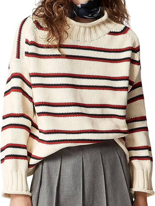 Women's Oversized Roll Neck Sweater Long Sleeve Chunky Knit Pullover Cozy Fall Tops Casual Loose Knitwear | Amazon (US)
