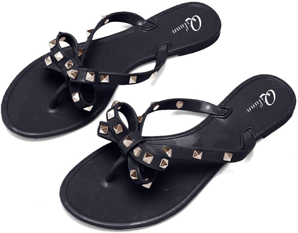Women Studded Bow Flip Flops Jelly Thong Sandals Rubber Flat Summer Beach Rain Shoes | Amazon (US)