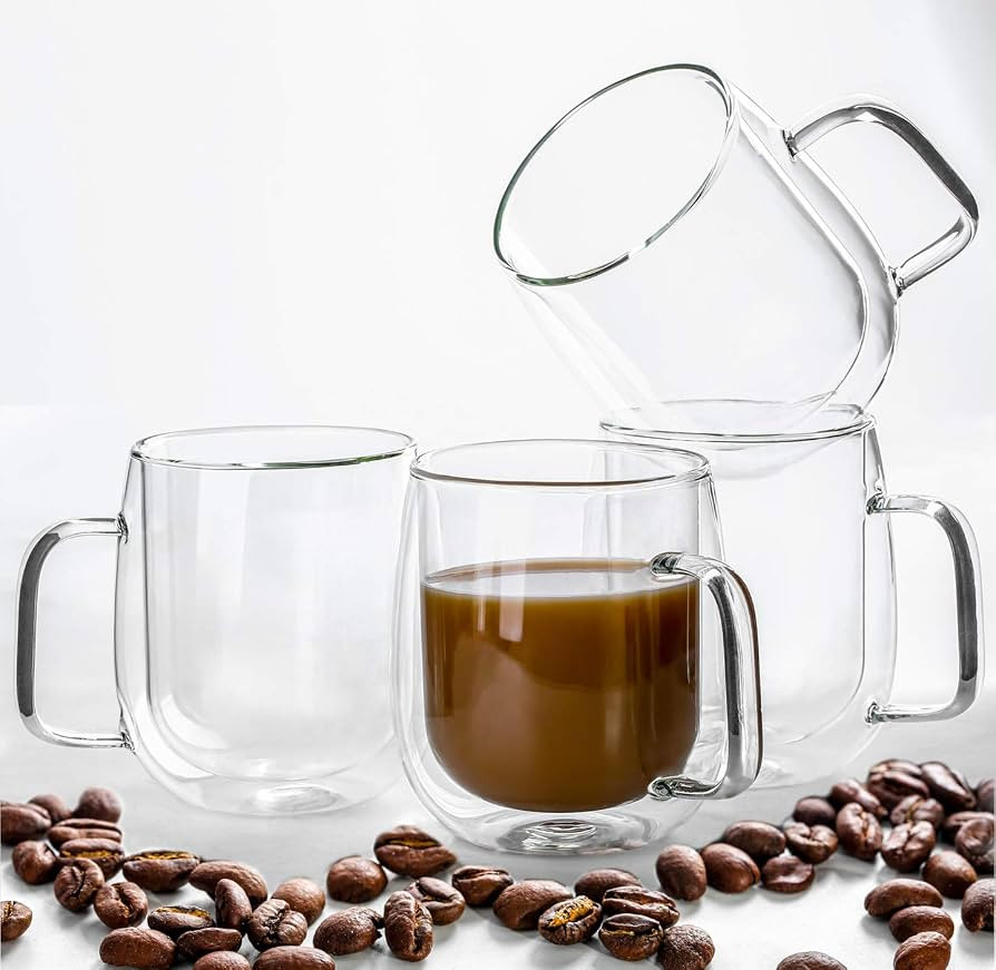 Hovico Insulated Coffee Mugs, Glass Coffee Mugs Set of 4, Clear Coffee Mug 12 Oz, Double Wall Glass  | Amazon (US)