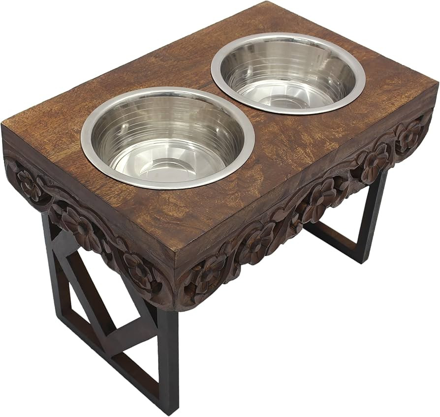 Elevated Pet Feeder for Dogs and Cats - Hand Carved Wood Pet Feeding Stand with Two Stainless Ste... | Amazon (US)