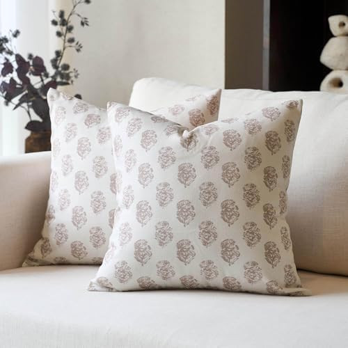 DOMVITUS Set of 2 Floral Pillow Covers 18x18, Block Print Pillow Covers Vintage Neutral Decorativ... | Amazon (US)