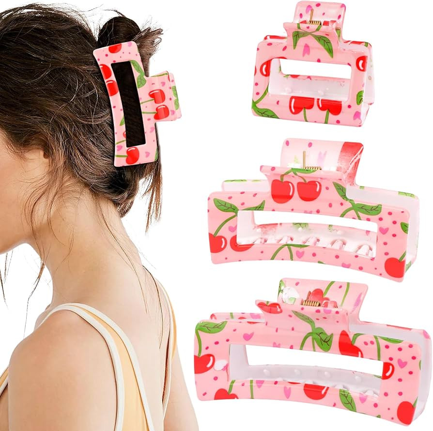 3pcs Square Cherry Print Hair Clips, Hapdoo Pink Fruit Hair Clips Cherry Hair Accessories, Fun Ha... | Amazon (US)