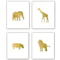 SALE Set of 4 Zoo Animal Prints  Giraffe Hippo Elephant Lion Silhouettes Nursery Art Childs Room in Metallic Gold Leaf 8x10 prints | Etsy (US)