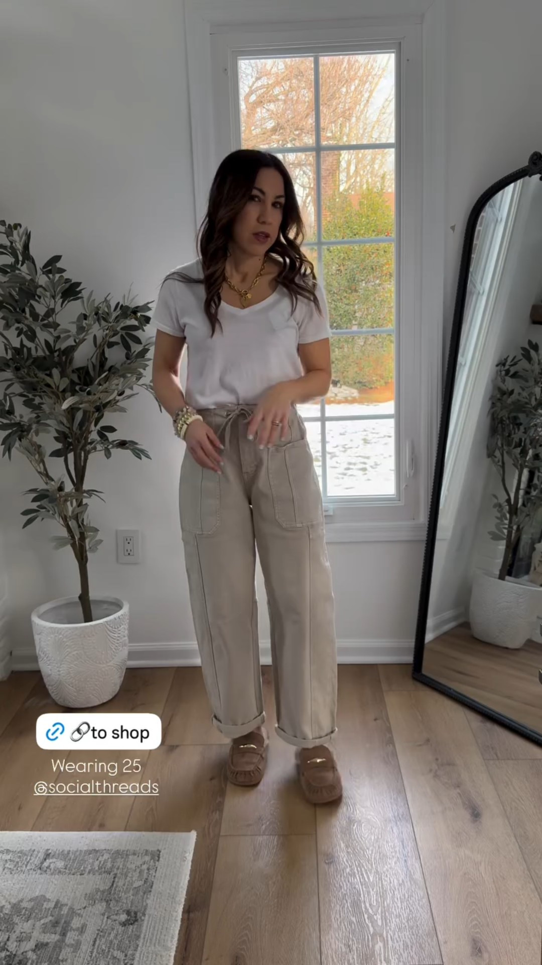 25. Cargo pants, XS white V-neck T. Shoes size down.

#LTKPetite #LTKOver40