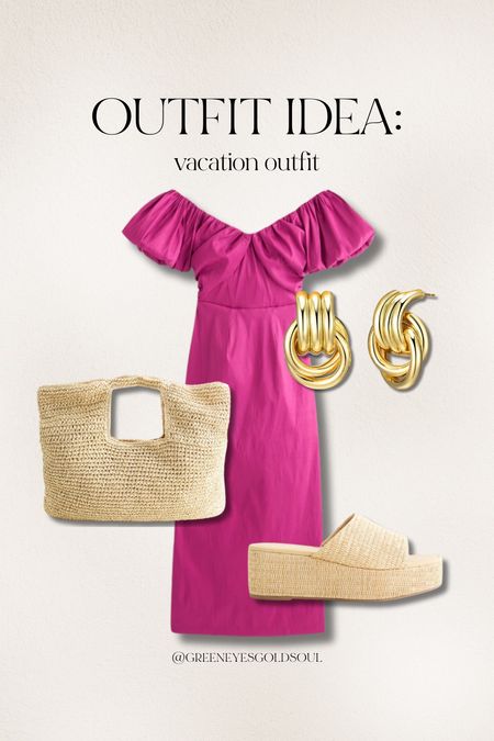 Vacation outfit idea! 
Dress, off the shoulder; spring dress, wedding dress, platform sandals, gold earrings, tote, straw bag, beach, vacation, resort, summer, spring 

#LTKstyletip #LTKtravel #LTKU