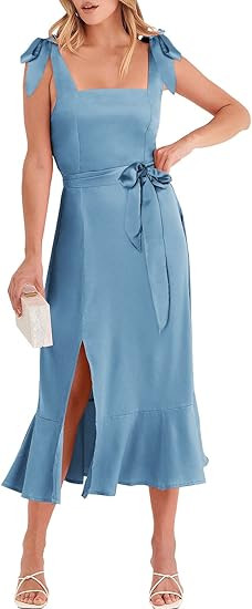 ANRABESS Women's Satin Formal Dress Square Neck Ruffle Split Midi Bridesmaid Dress for Wedding Gu... | Amazon (US)