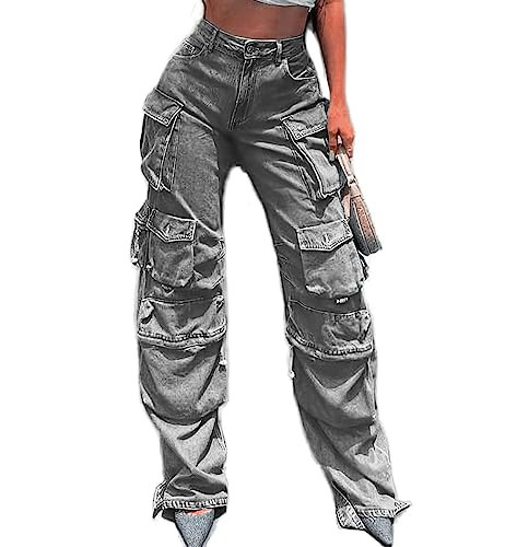 Women's High Waisted Baggy Cargo Jeans Straight Wide Leg Y2K Cargo Denim Pants with Flap Pockets Streetwear Grey | Amazon (US)