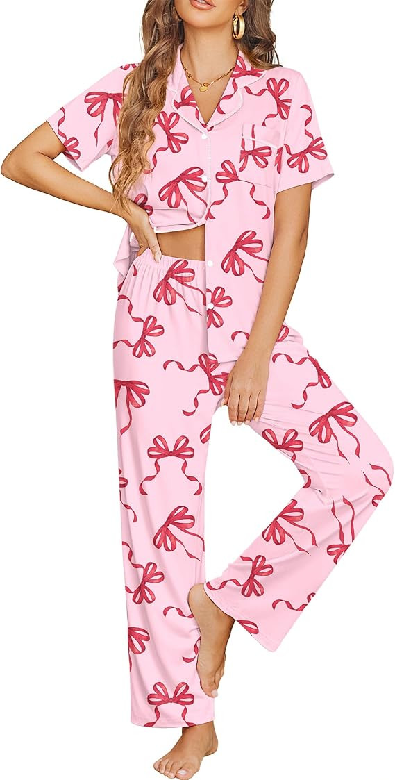 Ekouaer Womens Pajama Sets Button Down Pjs Lounge Sets 2 Piece Short Sleeve Sleepwear Soft Comfy ... | Amazon (US)