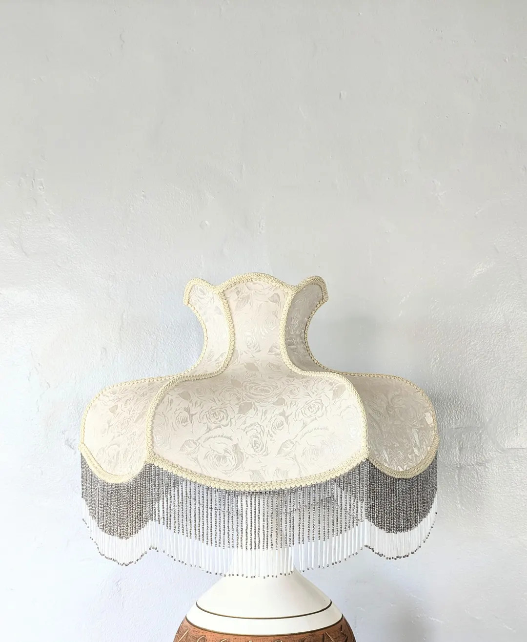 Victorian Beaded Fringe Lampshade, Silver Grey Damask Floral, 21" Scalloped Dome - Etsy | Etsy (US)