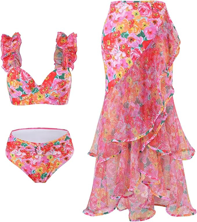 Women High Waisted Bikini with Cover Up Set 3 Piece Swimsuit with Sarong Bathing Suit Wrap Skirt | Amazon (US)