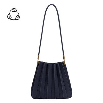 Carrie Navy Pleated Vegan Suede Shoulder Bag | Melie Bianco