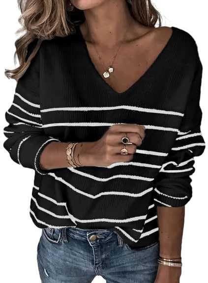 Women's Oversized V Neck Cute Striped Sweaters Fall 2025 Lightweight Cozy Ribbed Knit Long Sleeve... | Amazon (US)