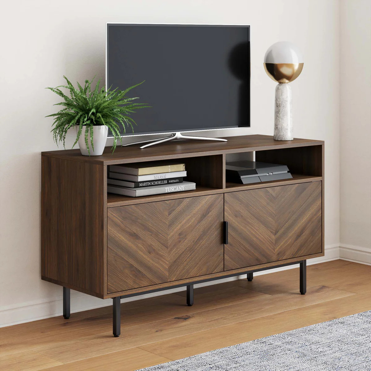 Wood Herringbone TV Cabinet Walnut | Nathan James