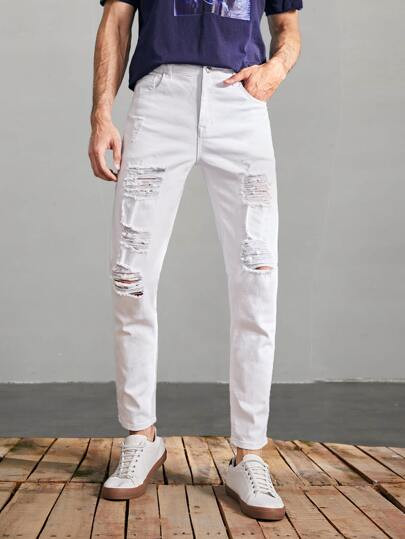 Men Solid Ripped Cropped Tapered Jeans | SHEIN