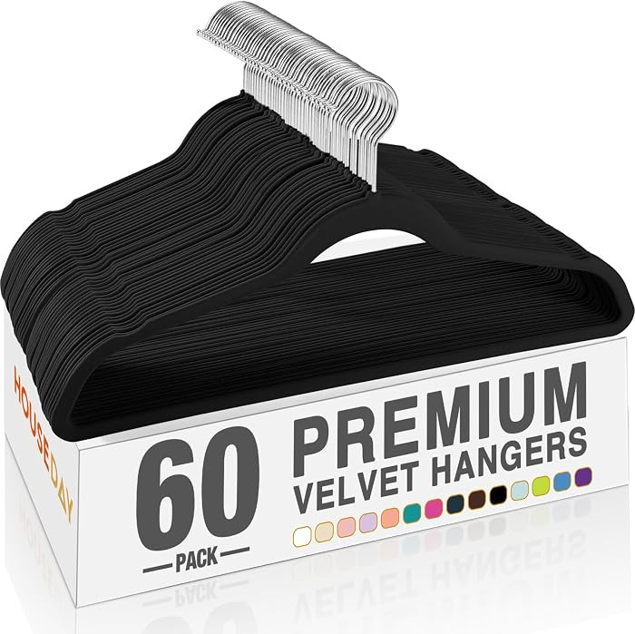 HOUSE DAY Black Velvet Hangers 60 Pack, Premium Non Slip Clothes Hangers | Amazon (US)
