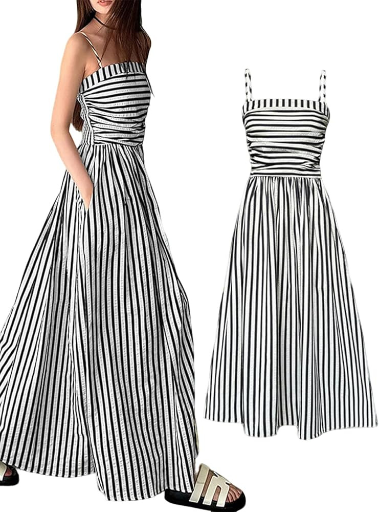 Women's Striped Back Smocked Maxi Dress, Smocked Backless Spaghetti Strap Sleeveless Flowy Sundre... | Amazon (US)