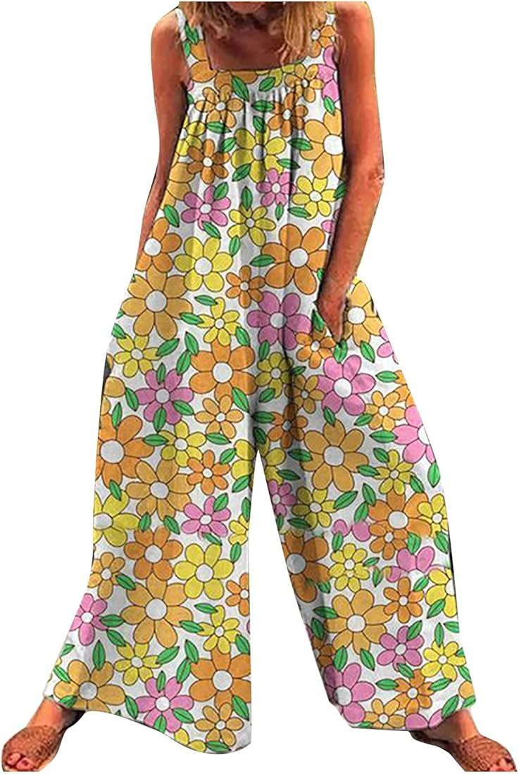 Formal Jumpsuits for Women Retro Print Daisy Fashion Jumpsuit Comfortable Cotton Linen Suspender ... | Amazon (US)