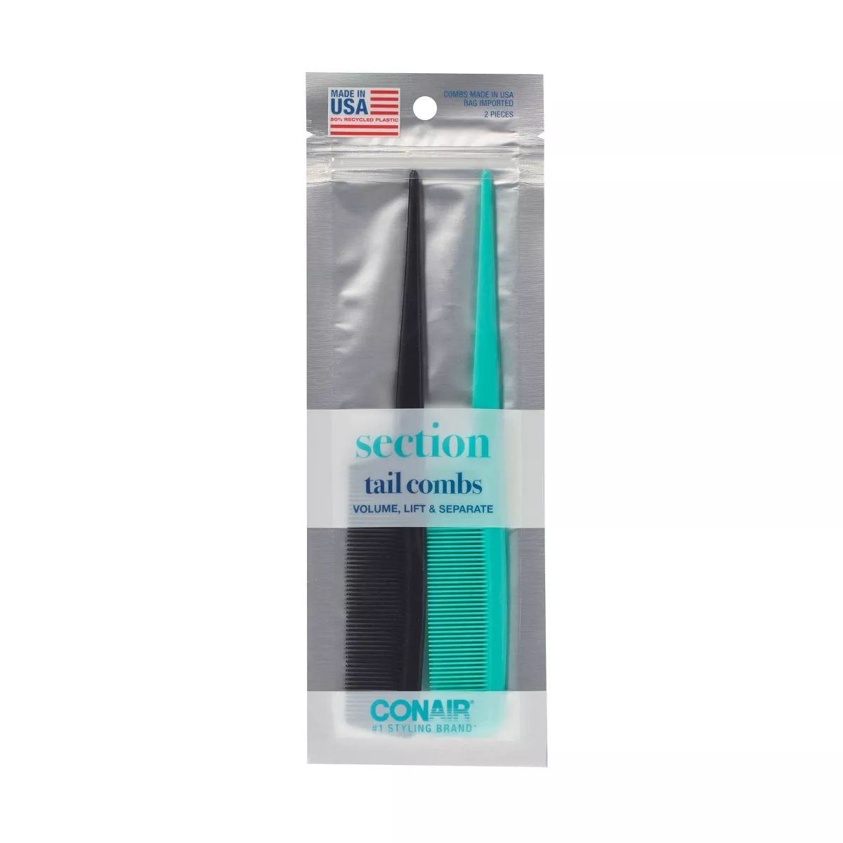 Conair Volume, Lift, and Separate Fine-Tooth Tail Combs - Black/Teal - 2pk | Target
