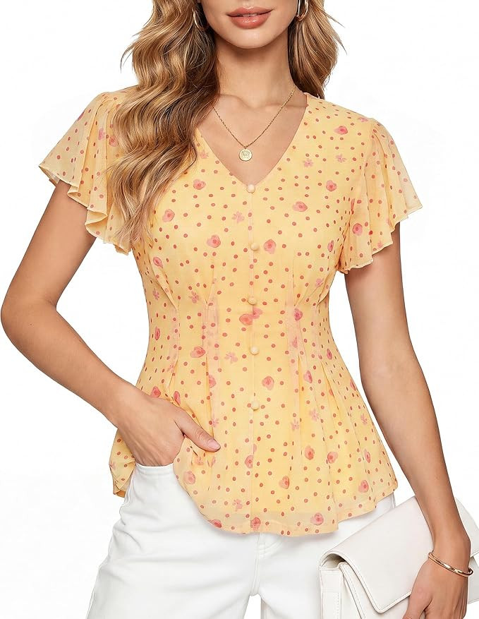 GRACE KARIN Women Boho Mesh Tops, Dressy Casual Ruffle Sleeve Blouses Floral Peplum Work Shirts, ... | Amazon (US)