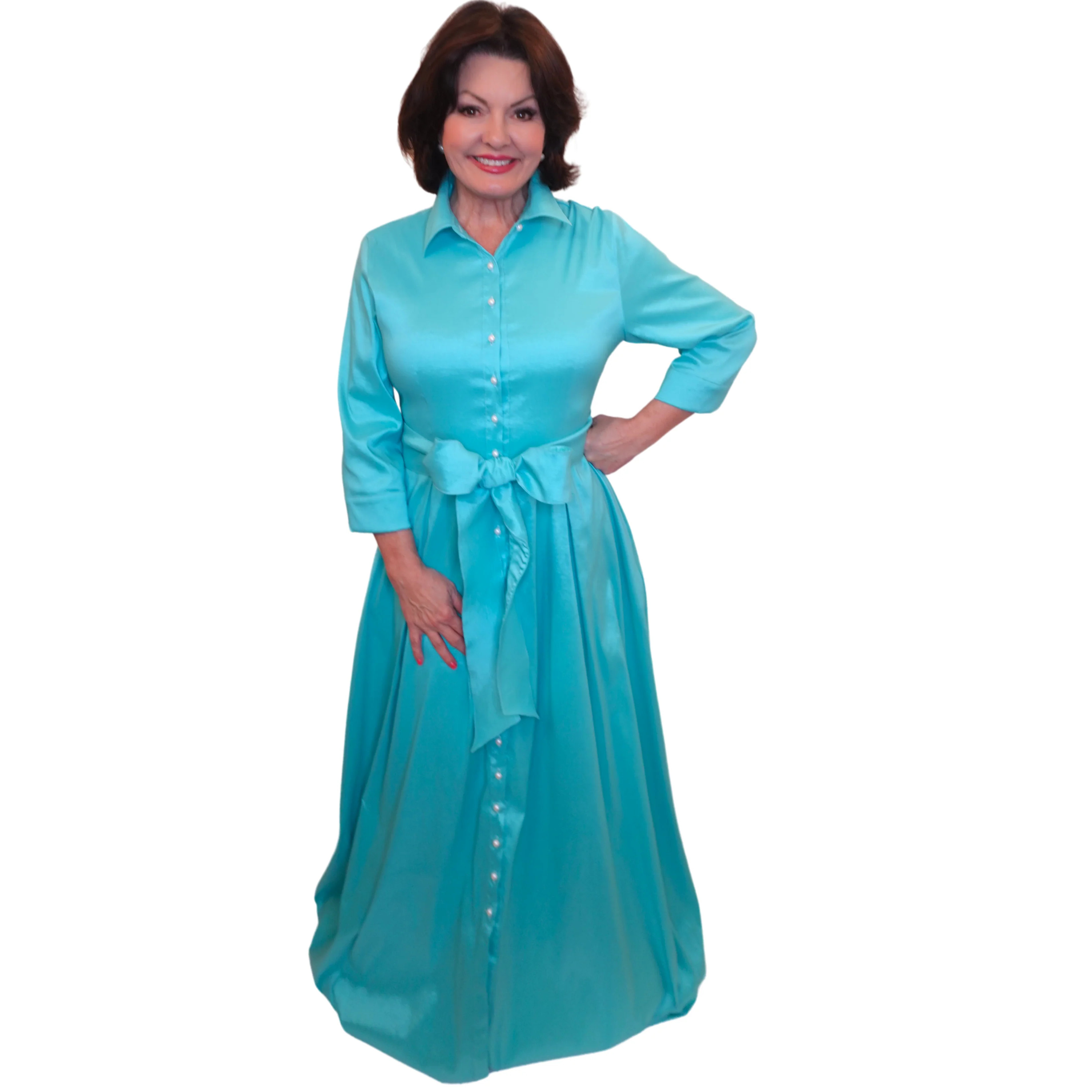 Gloria Dress – Tiffany Blue A-Line Mother of the Bride Dress with Pearl Buttons | Kim Lolley Designs